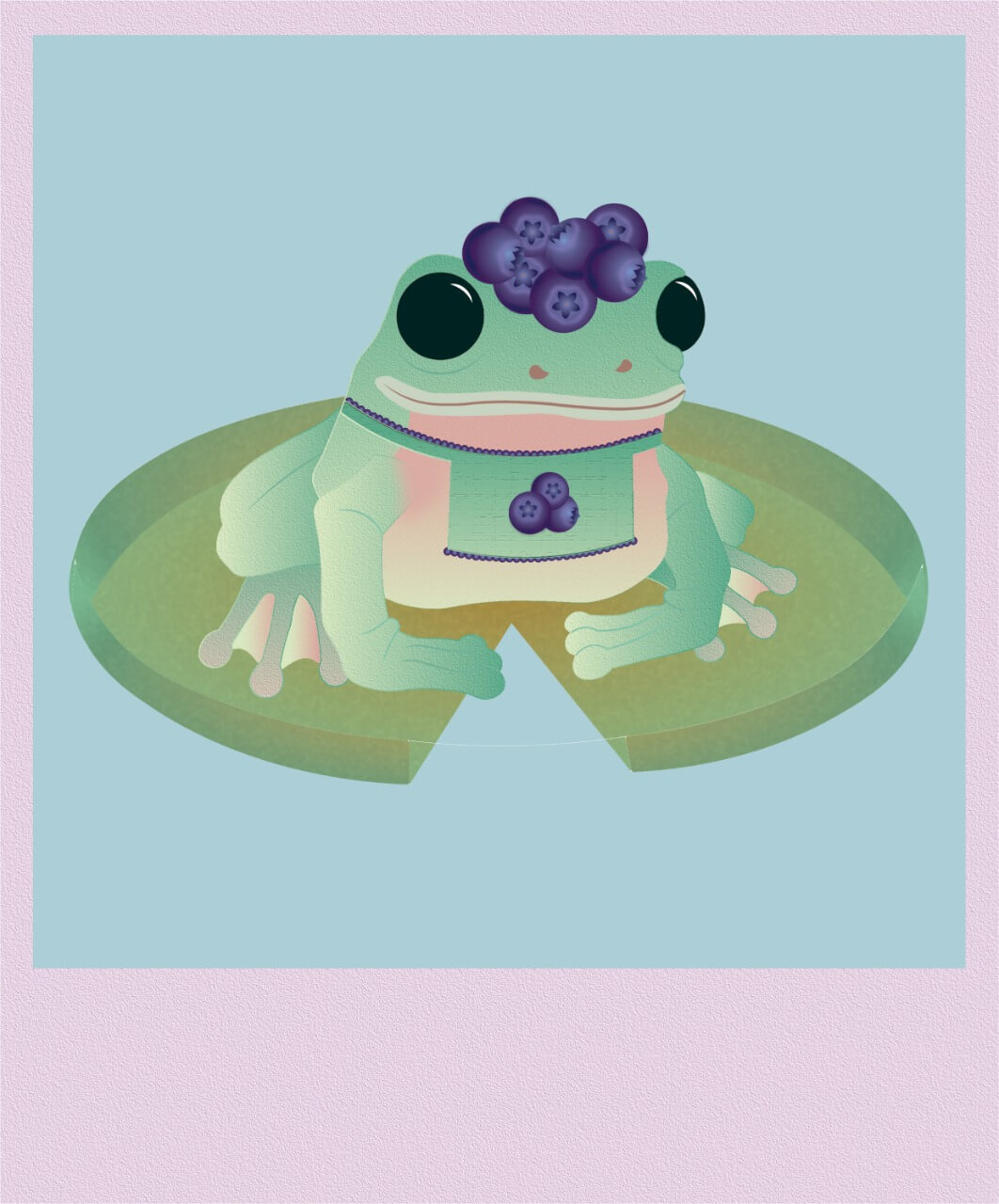 ranita ilustrada con moras en la cabeza y babero