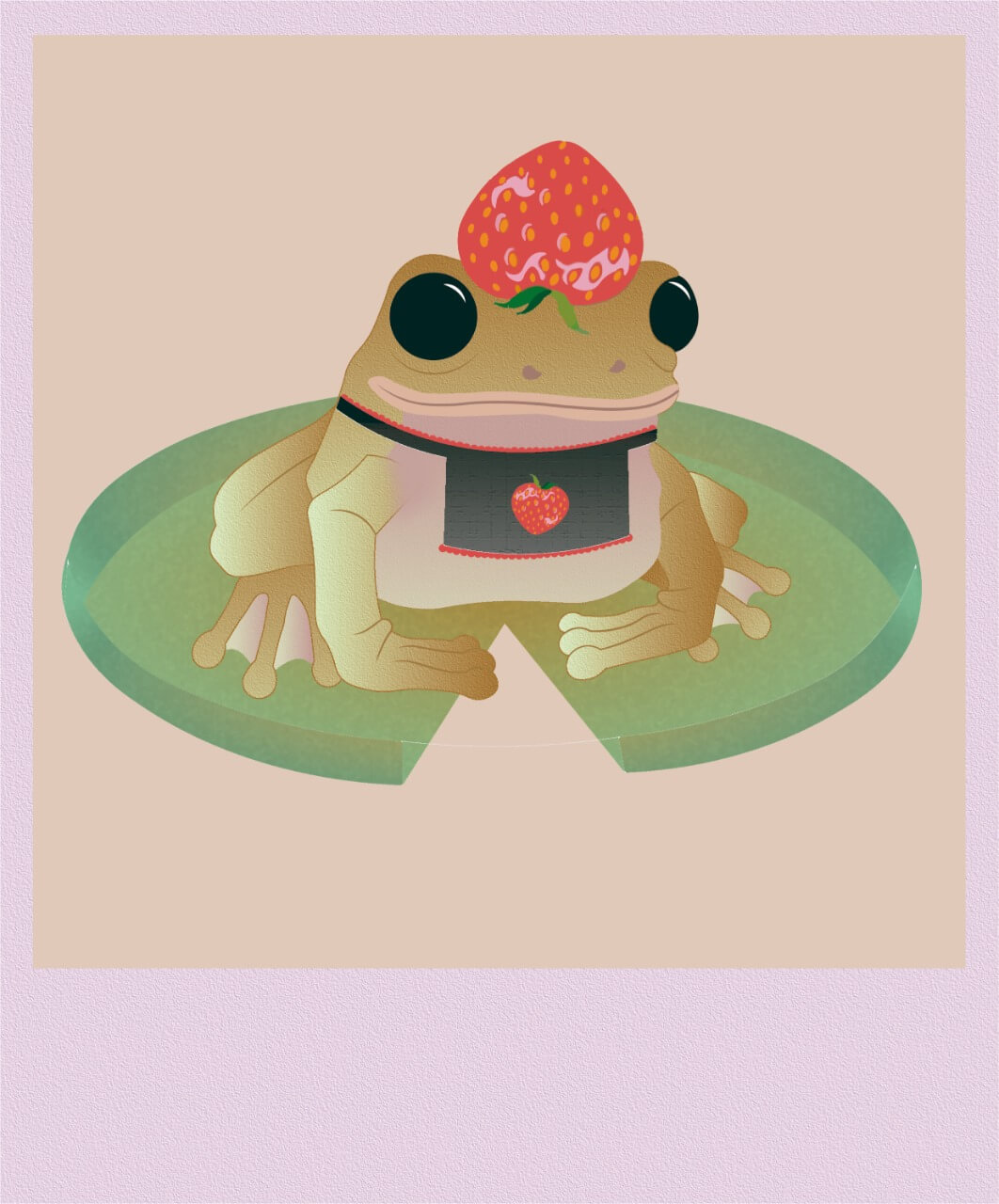 ranita ilustrada con frutillas en la cabeza y babero