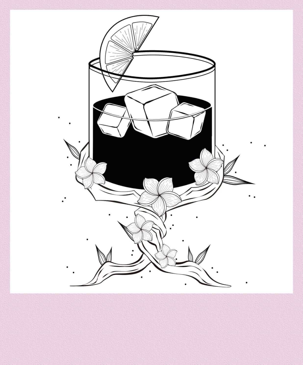 vaso de cocteleria con una rodaja de limon con hielos, sostenido por raices