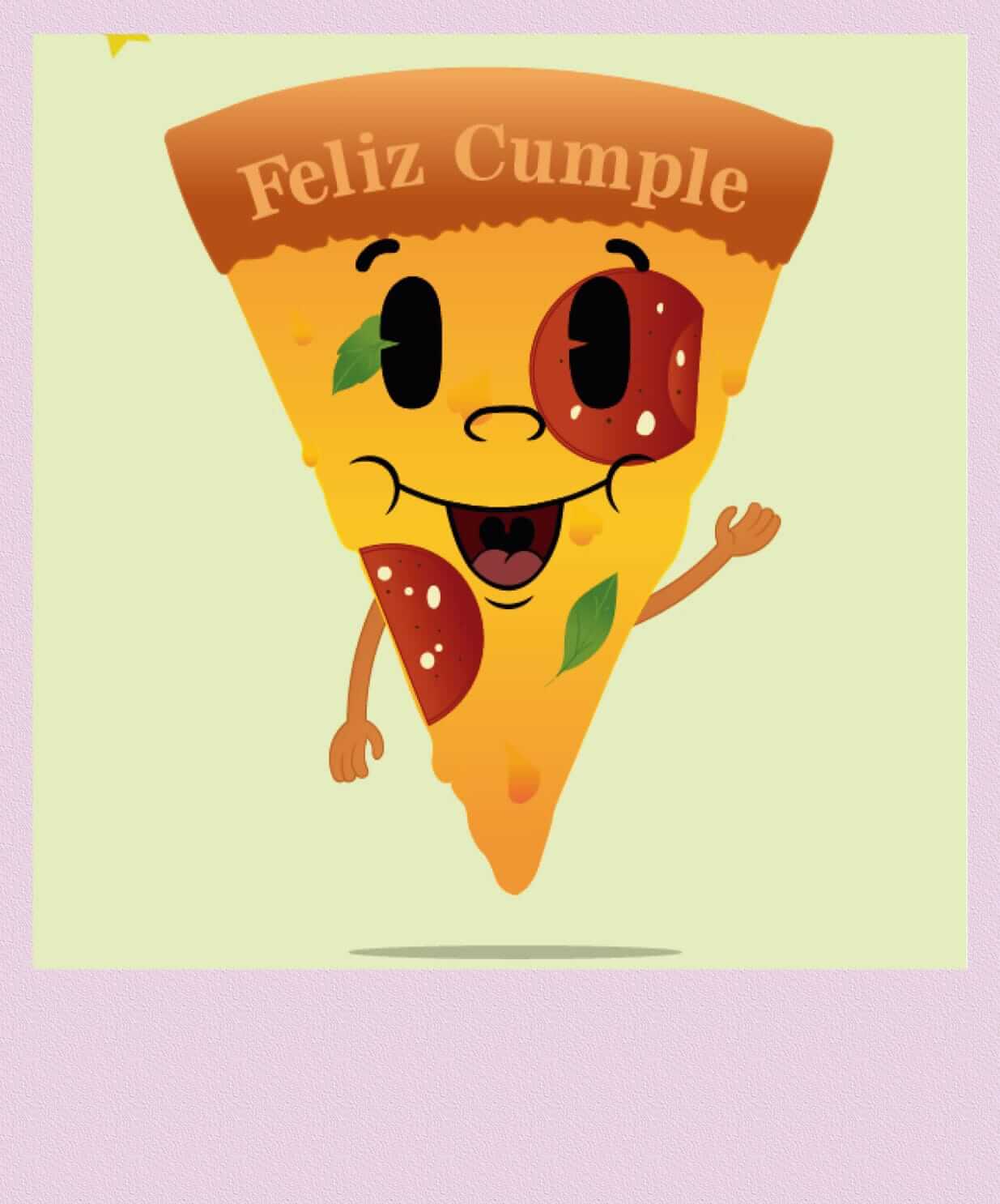 porcion pizza caricatura sonriente saludando feliz cumpleaños