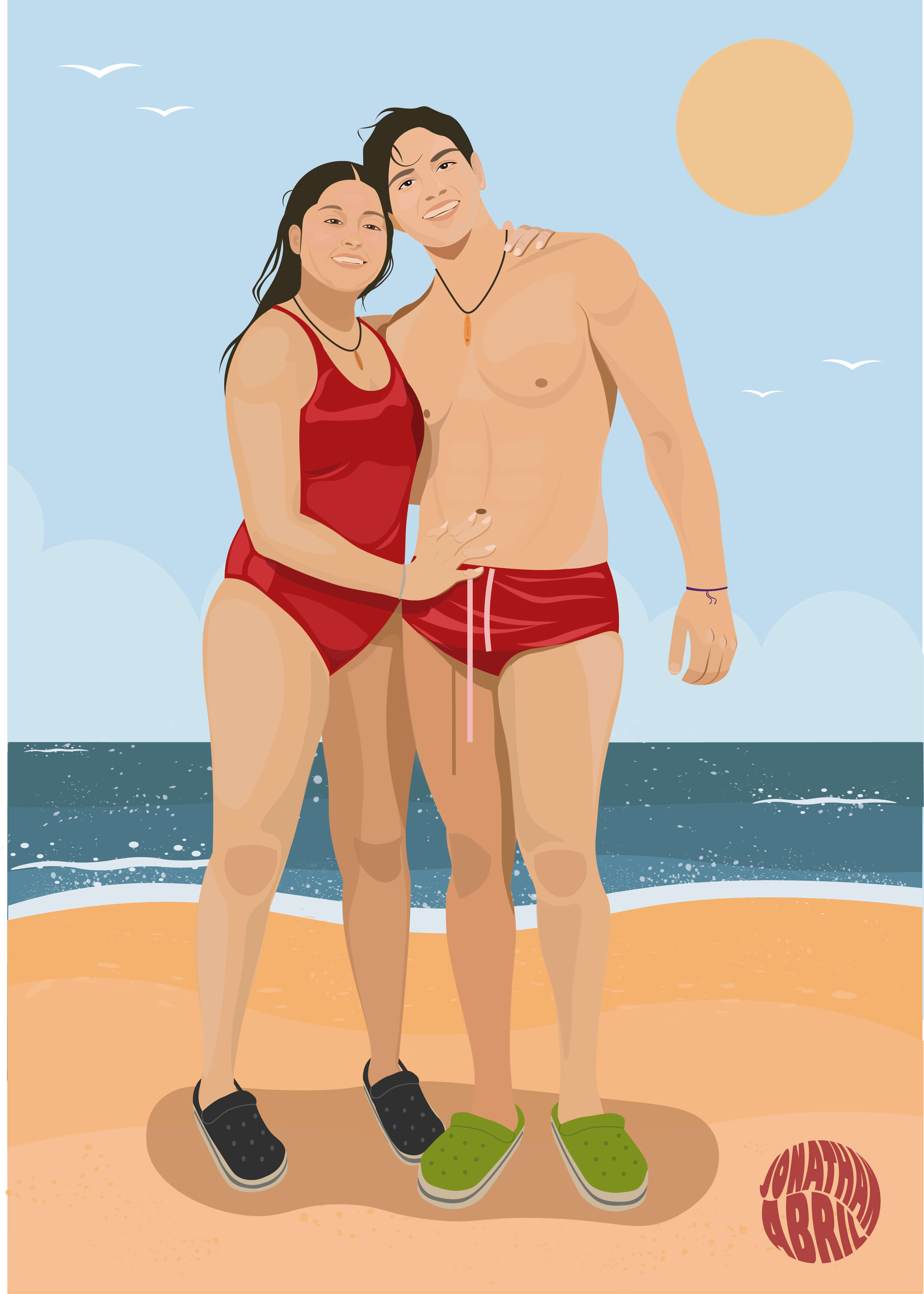 ilustraciones de una mujer y un hombre con mallas rojas, en la playa de fondo