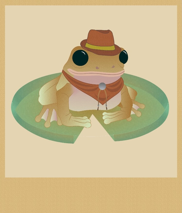 ranita ilustrada con gorrito vaquero y pañuelo fondo salvaje oeste