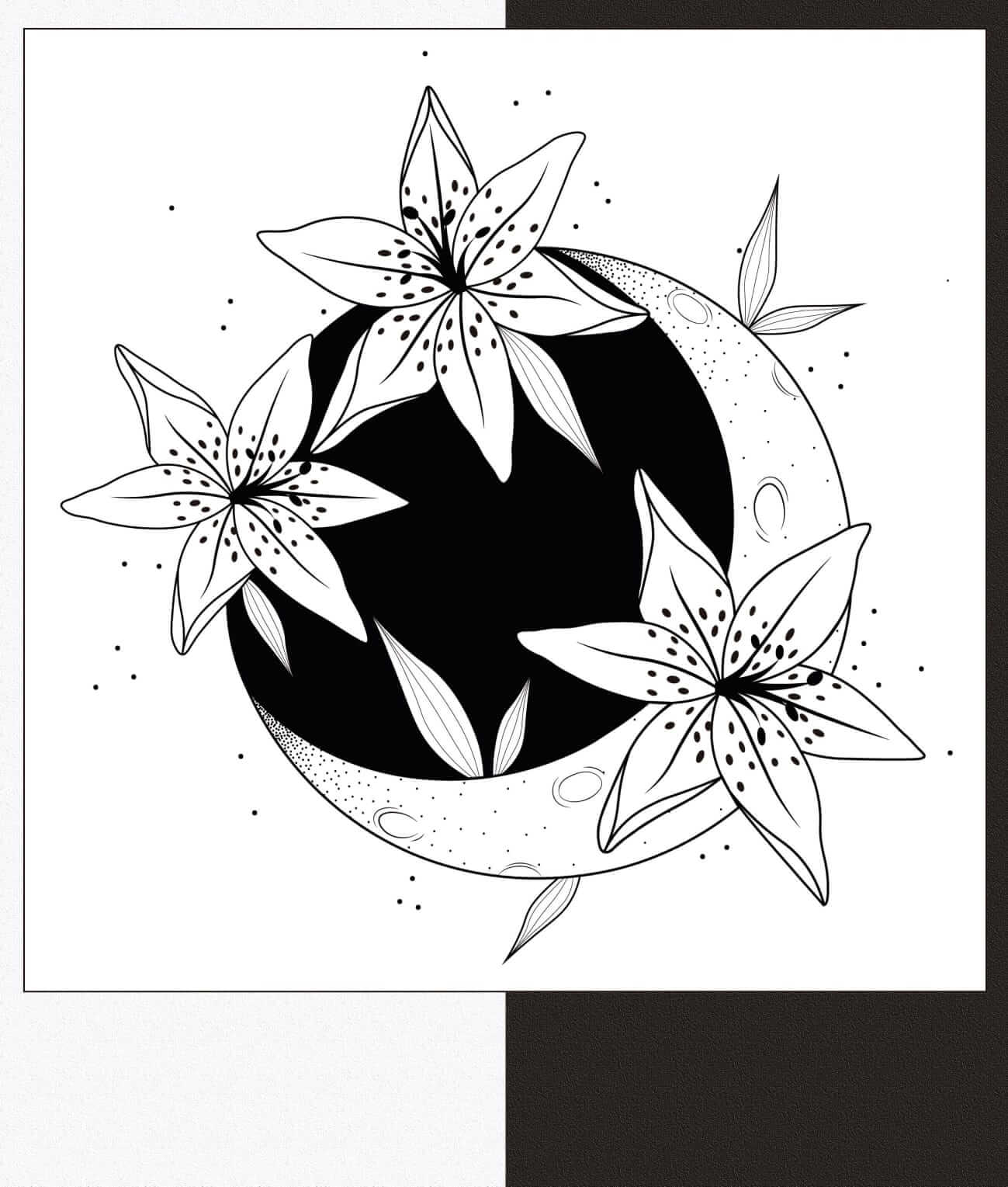 luna creciente con flores fondo de lunas y flores blanco y negro