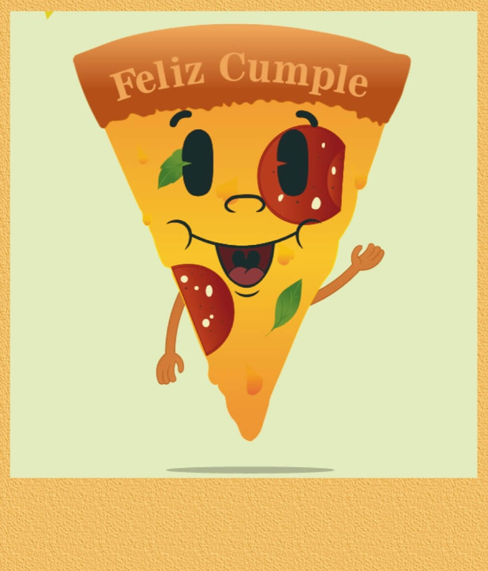 porcion pizza caricatura sonriente saludando feliz cumpleaños con fondo de pizzas multiples